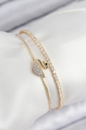 Pirinç Zirkon Taşlı Kuğu Model Gold Renk Kadın Bileklik Pirinç Zirkon Taşlı Kuğu Model Gold Renk Kadın Bileklik