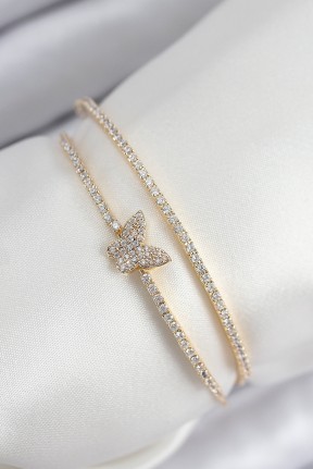 Pirinç Zirkon Taşlı Kelebek Model Gold Renk Kadın Bileklik Pirinç Zirkon Taşlı Kelebek Model Gold Renk Kadın Bileklik