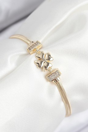 Pirinç Zirkon Taşlı Yonca Model Gold Renk Kadın Bileklik Pirinç Zirkon Taşlı Yonca Model Gold Renk Kadın Bileklik