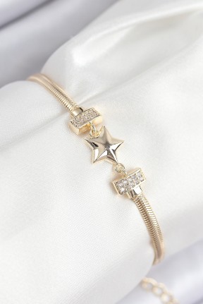 Pirinç Zirkon Taşlı Yıldız Model Gold Renk Kadın Bileklik Pirinç Zirkon Taşlı Yıldız Model Gold Renk Kadın Bileklik