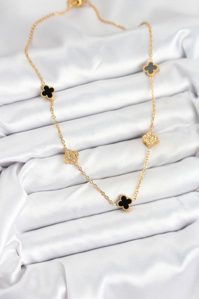 316l çelik Zincir Gold Renk Siyah Ve Zirkon Taşlı Baby Boy Yonca Kadın Kolye 316l çelik Zincir Gold Renk Siyah Ve Zirkon Taşlı Baby Boy Yonca Kadın Kolye