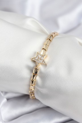 Pirinç Vip Seri Gold Renk Zirkon Taşlı Yıldız Model Kadın Bileklik Pirinç Vip Seri Gold Renk Zirkon Taşlı Yıldız Model Kadın Bileklik