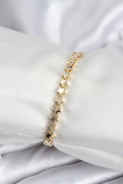 Pirinç Vip Seri Gold Renk Sıralı Yıldız Model Kadın Bileklik Pirinç Vip Seri Gold Renk Sıralı Yıldız Model Kadın Bileklik