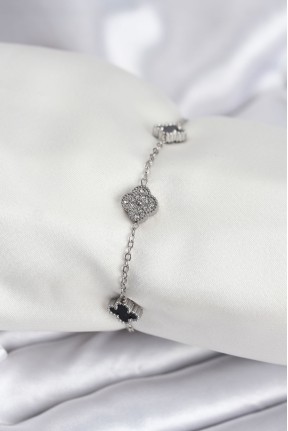 316l çelik Gümüş Renk Siyah Ve Zirkon Taşlı Baby Boy Yonca Kadın Bileklik