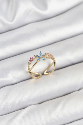 Pirinç Gold Renk Zirkon Taşlı Mavi çiçekli Kadın Yüzük Pirinç Gold Renk Zirkon Taşlı Mavi çiçekli Kadın Yüzük
