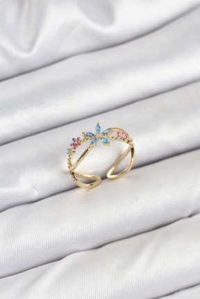 Pirinç Gold Renk Zirkon Taşlı Mavi çiçekli Kadın Yüzük Pirinç Gold Renk Zirkon Taşlı Mavi çiçekli Kadın Yüzük