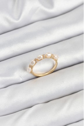 Pirinç Gold Renk Sıralı İncili Kadın Yüzük