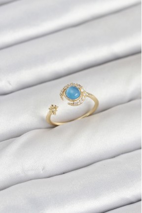 Pirinç Gold Renk Zirkon Taşlı Ay Yıldız Kadın Yüzük