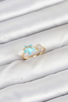 Pirinç Gold Renk Mavi Yıldızlı Model Kadın Yüzük Pirinç Gold Renk Mavi Yıldızlı Model Kadın Yüzük