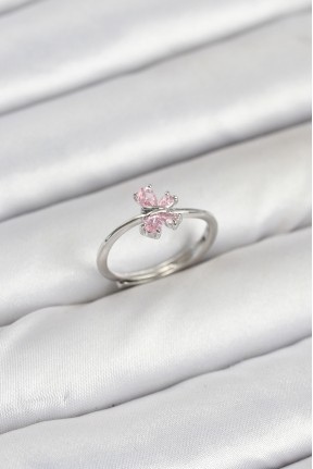 Pirinç Gümüş Renk Pembe Kelebek Kadın Yüzük