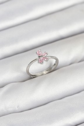 Pirinç Gümüş Renk Pembe Kelebek Kadın Yüzük