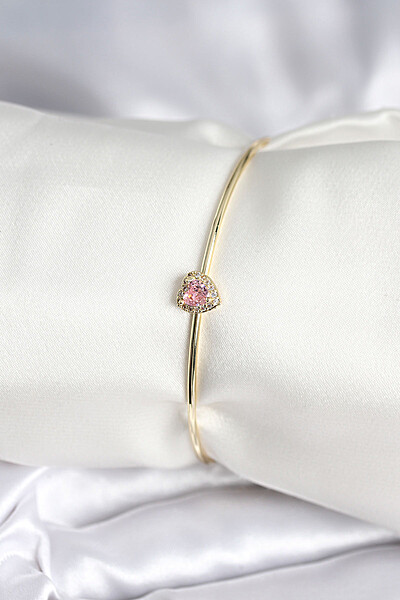 Pembe Zirkon Taşlı Kalp Model Gold Renk Kadın Bileklik