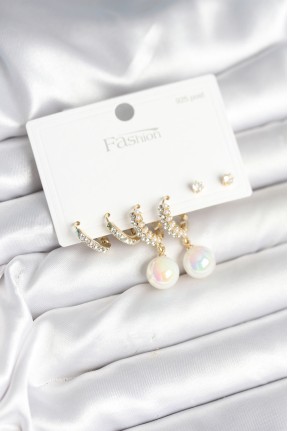 Pirinç Gold Renk İncili 925 Ayar Gümüş çivi Kadın Küpe Seti Pirinç Gold Renk İncili 925 Ayar Gümüş çivi Kadın Küpe Seti