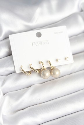 Pirinç Gold Renk İnci Detaylı 925 Gümüş çivili Kadın Küpe Seti Pirinç Gold Renk İnci Detaylı 925 Gümüş çivili Kadın Küpe Seti