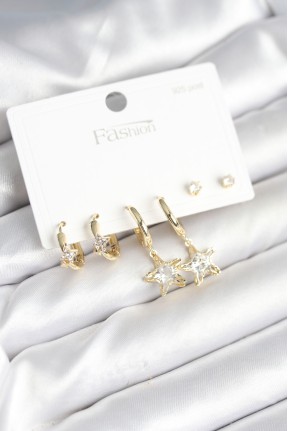 Pirinç Gold Renk Yıldız Model 925 Gümüş çivili Kadın Küpe Seti Pirinç Gold Renk Yıldız Model 925 Gümüş çivili Kadın Küpe Seti