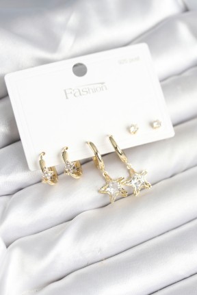 Pirinç Gold Renk Yıldız Model 925 Gümüş çivili Kadın Küpe Seti Pirinç Gold Renk Yıldız Model 925 Gümüş çivili Kadın Küpe Seti