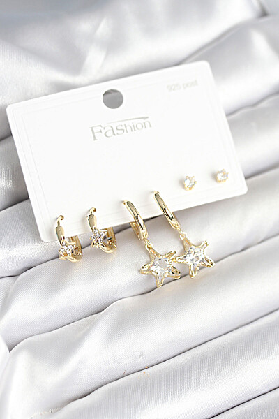 Pirinç Gold Renk Yıldız Model 925 Gümüş çivili Kadın Küpe Seti Pirinç Gold Renk Yıldız Model 925 Gümüş çivili Kadın Küpe Seti