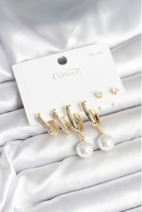 Pirinç Gold Renk İnci Detaylı 925 Ayar Gümüş çivili Kadın Küpe Seti Pirinç Gold Renk İnci Detaylı 925 Ayar Gümüş çivili Kadın Küpe Seti