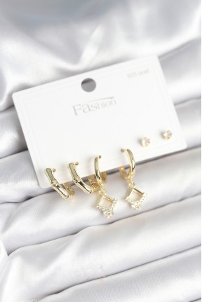 Pirinç Gold Renk 925 Ayar Gümüş çivili Kadın Küpe Seti Pirinç Gold Renk 925 Ayar Gümüş çivili Kadın Küpe Seti