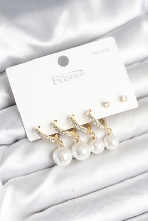 Gold Renk Zirkon Taşlı Pirinç İncili 925 Ayar Gümüş çivili Küpe Seti