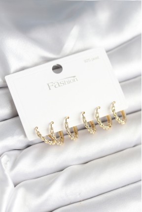 Gold Renk Burgu Halka Model 925 Ayar Gümüş çivili Pirinç Küpe Seti