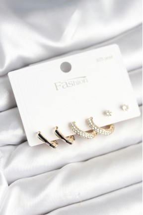 Gold Renk Pirinç Zirkon Taşlı 925 Ayar Gümüş çivili Kadın Küpe Seti