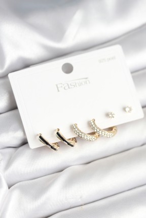 Gold Renk Pirinç Zirkon Taşlı 925 Ayar Gümüş çivili Kadın Küpe Seti