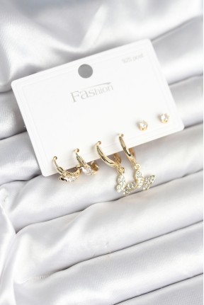 Gold Renk Pirinç Kelebek Model 925 Ayar Gümüş çivili Kadın Küpe Seti