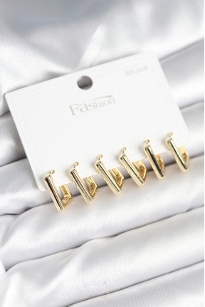 Gold Renk Kare Model Pirinç 925 Ayar Gümüş çivili Kadın Küpe Seti