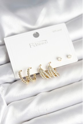 Gold Renk Pirinç 925 Ayar Gümüş çivili Kadın Küpe Seti