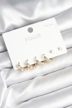 Pirinç Gold Renk Zirkon Taşlı Ve İncili Model 925 Ayar Gümüş çivi Kadın Küpe Seti Pirinç Gold Renk Zirkon Taşlı Ve İncili Model 925 Ayar Gümüş çivi Kadın Küpe Seti