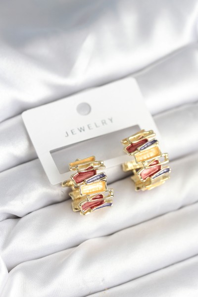 Mineli Karışık Renkli Gold Pirinç Kadın Küpe Mineli Karışık Renkli Gold Pirinç Kadın Küpe