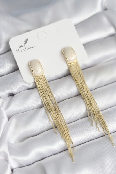Sallantılı Beyaz Mineli Gold Renk Kadın Küpe Sallantılı Beyaz Mineli Gold Renk Kadın Küpe