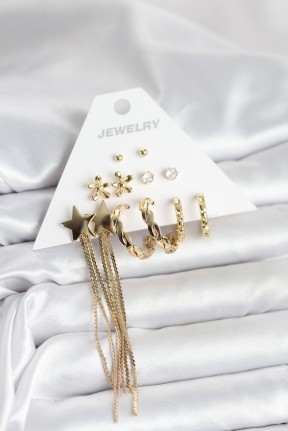 Pirinç Gold Renk 6 çift Kadın Küpe Seti