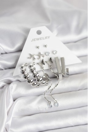 Gümüş Renk Pirinç 6'lı Kadın Küpe Seti Gümüş Renk Pirinç 6'lı Kadın Küpe Seti