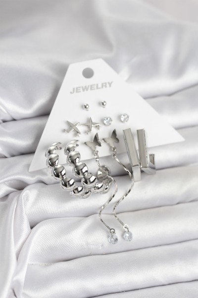 Gümüş Renk Pirinç 6'lı Kadın Küpe Seti Gümüş Renk Pirinç 6'lı Kadın Küpe Seti