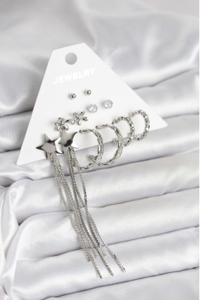 Gümüş Renk Pirinç 6 çift Kadın Küpe Seti Gümüş Renk Pirinç 6 çift Kadın Küpe Seti