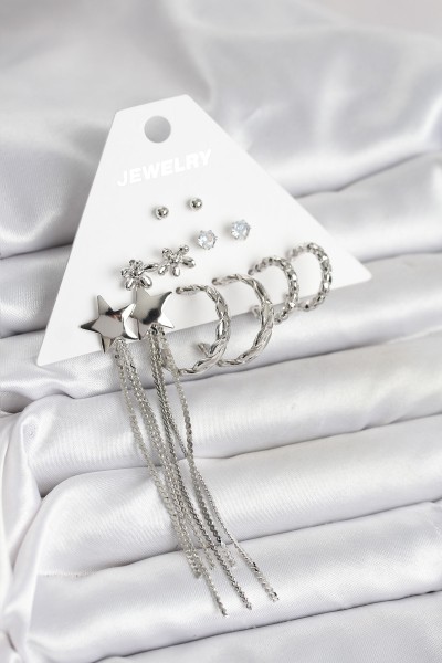 Gümüş Renk Pirinç 6 çift Kadın Küpe Seti Gümüş Renk Pirinç 6 çift Kadın Küpe Seti