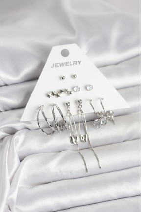 Gümüş Renk 6'lı Pirinç Küpe Seti Gümüş Renk 6'lı Pirinç Küpe Seti