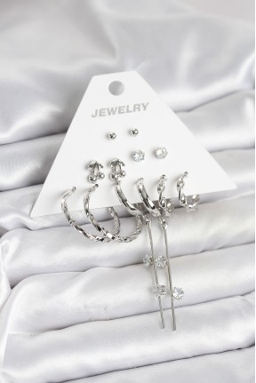 Gümüş Renk Pirinç 6'lı Kadın Küpe Seti Gümüş Renk Pirinç 6'lı Kadın Küpe Seti