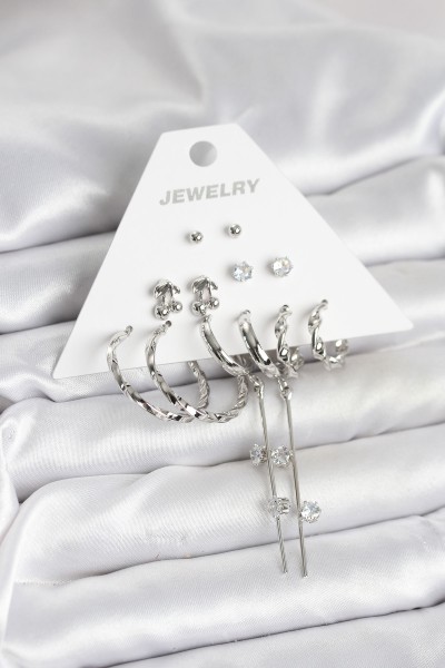 Gümüş Renk Pirinç 6'lı Kadın Küpe Seti Gümüş Renk Pirinç 6'lı Kadın Küpe Seti