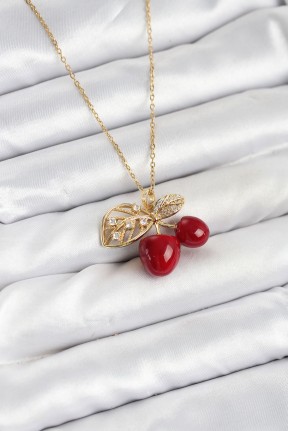 316l çelik Zincir Yapraklı Kiraz Model Gold Renk Kadın Kolye 316l çelik Zincir Yapraklı Kiraz Model Gold Renk Kadın Kolye