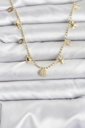 Pirinç Gold Renk Zirkon Taşlı Deniz Kabuğu Model Kadın Kolye Pirinç Gold Renk Zirkon Taşlı Deniz Kabuğu Model Kadın Kolye