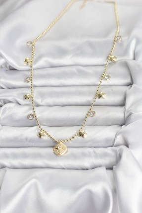 Pirinç Gold Renk Zirkon Taşlı Kutup Yıldızı Model Kadın Kolye
