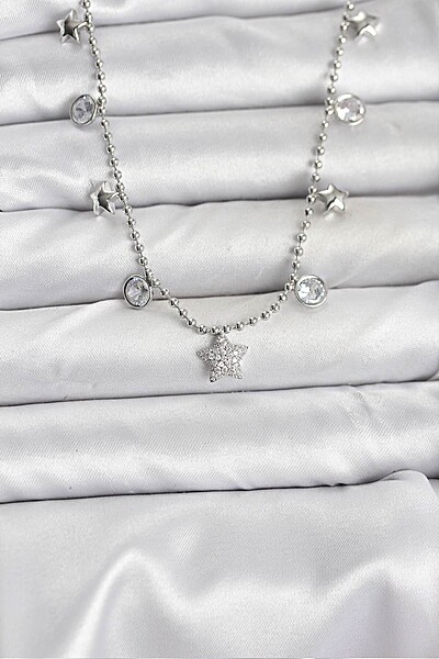 Pirinç Gümüş Renk Yıldız Model Kadın Kolye Pirinç Gümüş Renk Yıldız Model Kadın Kolye