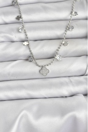 Pirinç Gümüş Renk Yonca Model Kadın Kolye Pirinç Gümüş Renk Yonca Model Kadın Kolye