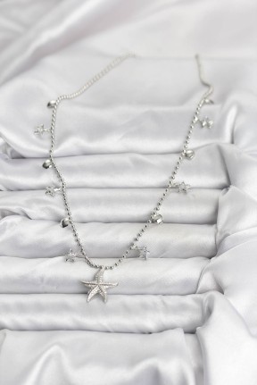 Pirinç Gümüş Renk Zirkon Taşlı Deniz Yıldızı Model Kadın Kolye Pirinç Gümüş Renk Zirkon Taşlı Deniz Yıldızı Model Kadın Kolye