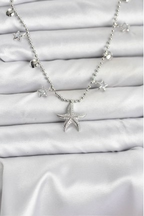 Pirinç Gümüş Renk Zirkon Taşlı Deniz Yıldızı Model Kadın Kolye Pirinç Gümüş Renk Zirkon Taşlı Deniz Yıldızı Model Kadın Kolye