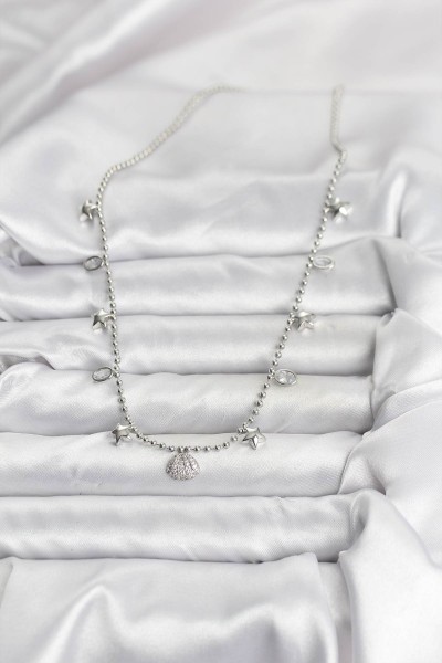 Pirinç Gümüş Renk Zirkon Taşlı Deniz Kabuğu Model Kadın Kolye Pirinç Gümüş Renk Zirkon Taşlı Deniz Kabuğu Model Kadın Kolye