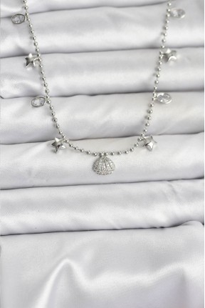 Pirinç Gümüş Renk Zirkon Taşlı Deniz Kabuğu Model Kadın Kolye Pirinç Gümüş Renk Zirkon Taşlı Deniz Kabuğu Model Kadın Kolye